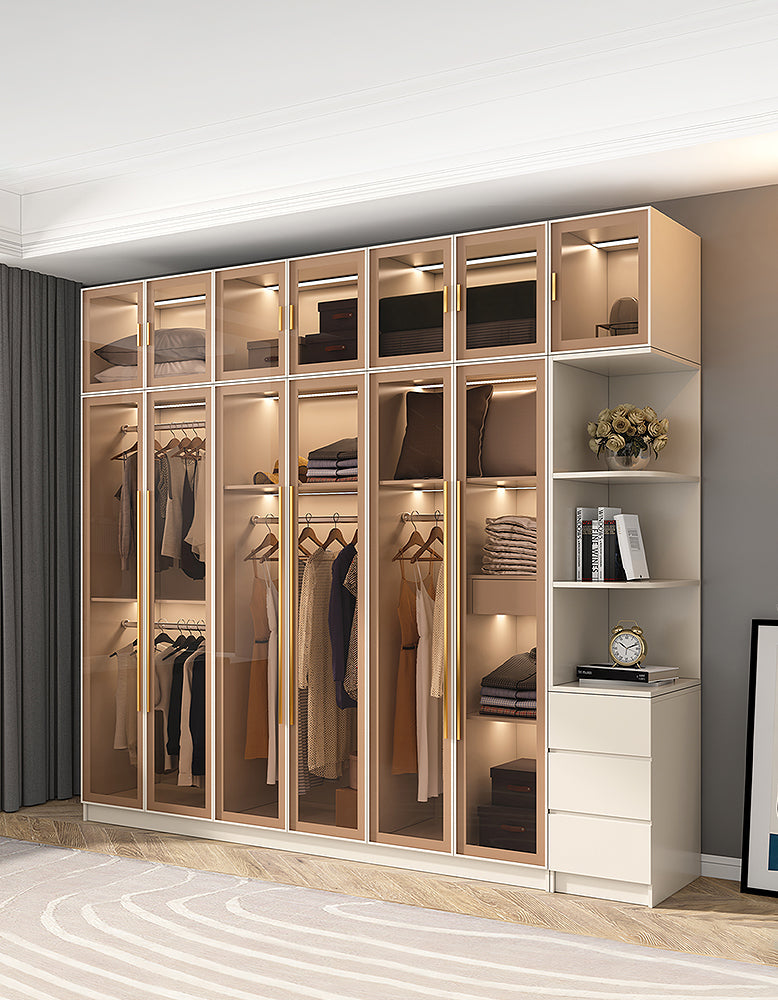 DC Concept Varela glass door wardrobe with built-in lighting, available in multiple sizes, corner design with sleek glass panels.