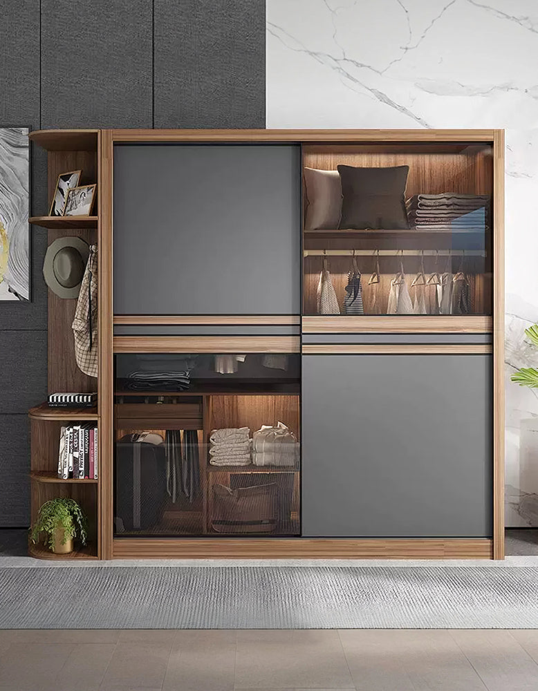 Wood Ueda double sliding door wardrobe by DC Concept with integrated lights and sleek wood finish.