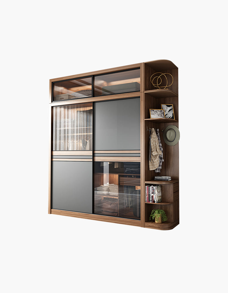 Ueda double sliding door wardrobe with built-in lights, wood finish, modern design, from DC Concept.