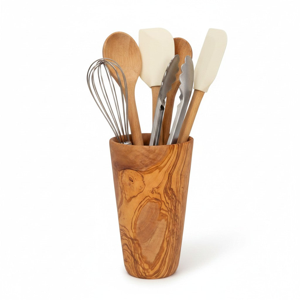 Luxury Solid Olive Wood Utensil Holder | Rustic Kitchen Utensil Crock