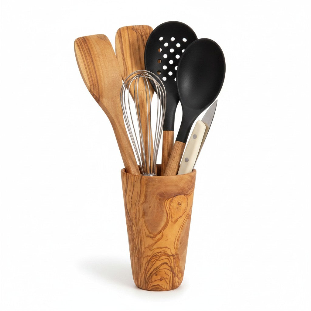 Luxury Solid Olive Wood Utensil Holder | Rustic Kitchen Utensil Crock
