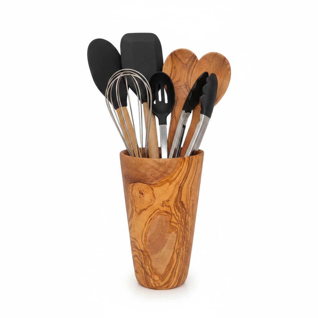 Luxury Solid Olive Wood Utensil Holder | Rustic Kitchen Utensil Crock