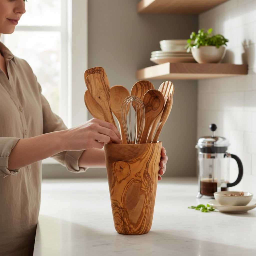Luxury Solid Olive Wood Utensil Holder | Rustic Kitchen Utensil Crock
