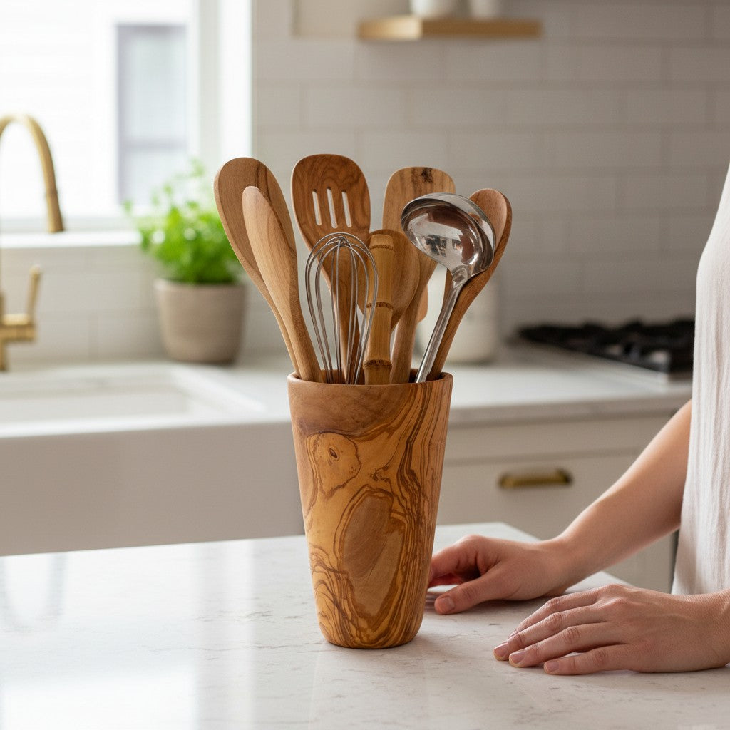Luxury Solid Olive Wood Utensil Holder | Rustic Kitchen Utensil Crock