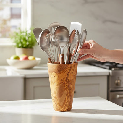 Luxury Solid Olive Wood Utensil Holder | Rustic Kitchen Utensil Crock