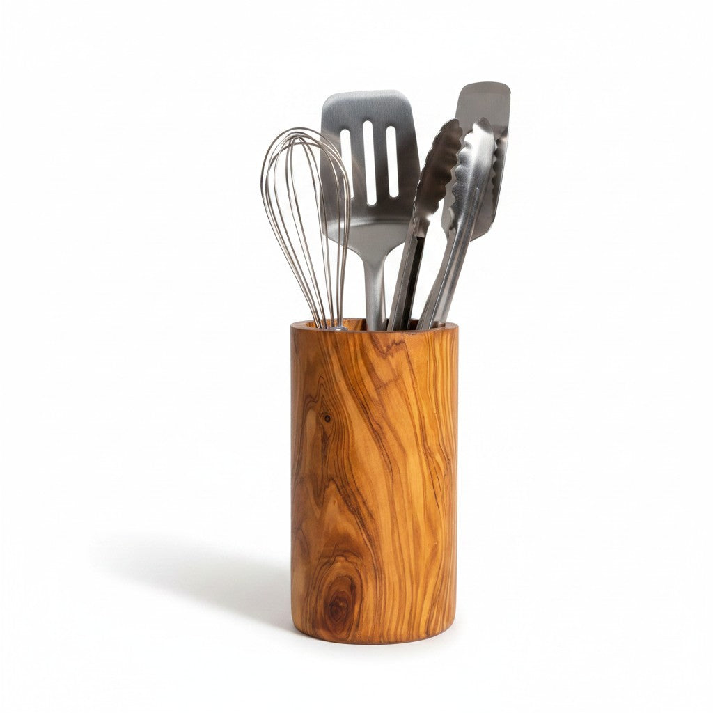 Handcrafted Olive Wood Utensil Holder | Wooden Spoon & Spatula Crock