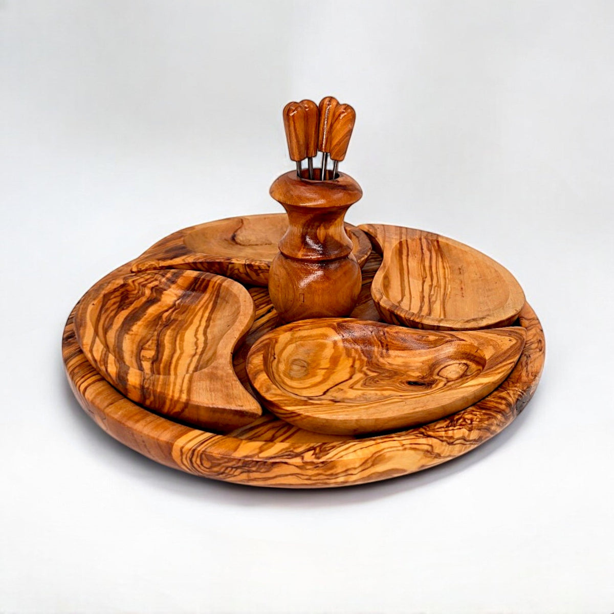 Handcrafted 4-Section Olive Wood Appetizer Serving Tray Set | 21 cm