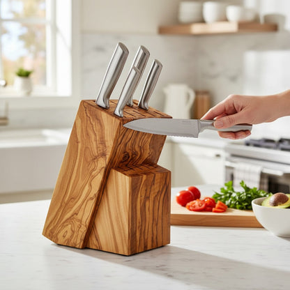 Handcrafted Olive Wood Knife Block | Rustic Kitchen Knife Holder