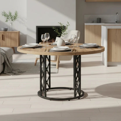 Industrial Round Dining Table with Rustic Wood Top & X-Frame Metal Base, Modern Farmhouse Kitchen Table for Dining Room