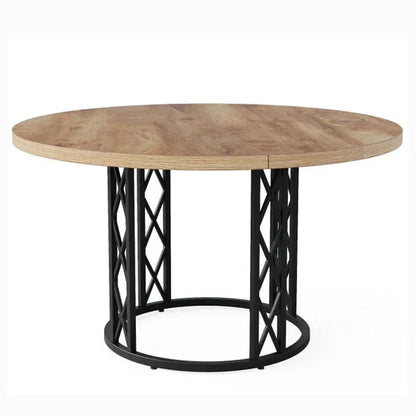 Industrial Round Dining Table with Rustic Wood Top & X-Frame Metal Base, Modern Farmhouse Kitchen Table for Dining Room
