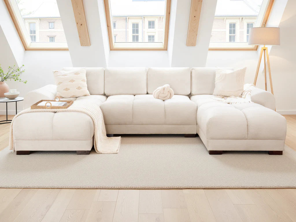 Azzuro plush velvet U-shaped corner sofa suite with anti-slip feet, featuring soft cushions and modern design.