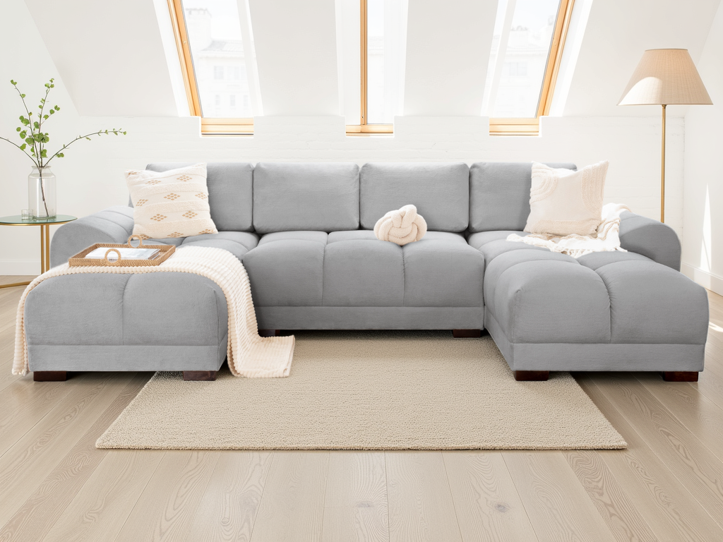 Azzuro plush velvet U-shape corner sofa suite with anti-slip feet, featuring soft cushions and modern design for cozy living rooms.