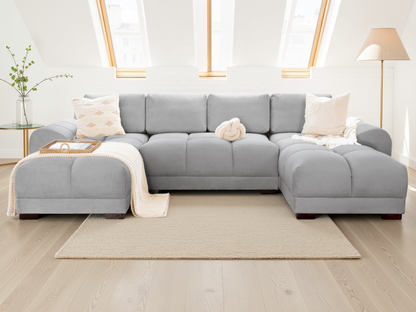 Azzuro plush velvet U-shape corner sofa suite with anti-slip feet, featuring soft cushions and modern design for cozy living rooms.