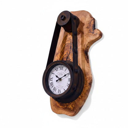 Industrial Steampunk Olive Wood Wall Clock | Pulley Belt Statement Wall Clock