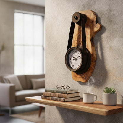 Industrial Steampunk Olive Wood Wall Clock | Pulley Belt Statement Wall Clock
