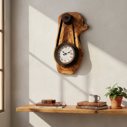 Industrial Steampunk Olive Wood Wall Clock | Pulley Belt Statement Wall Clock