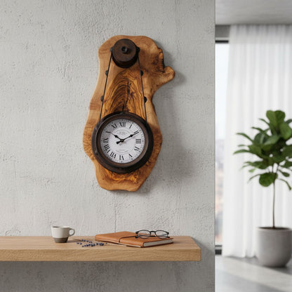 Industrial Steampunk Olive Wood Wall Clock | Pulley Belt Statement Wall Clock
