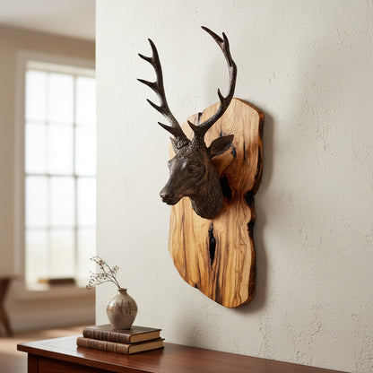 Luxury Freeform Olive Wood Stag Head Wall Sculpture | 3D Deer Antler Plaque Art