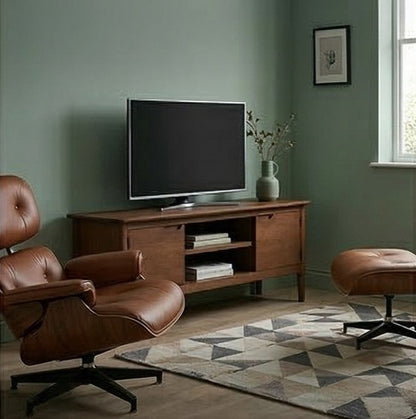 Dark walnut Fishe and Lilly TV stand and media unit with storage compartments, modern design, and sleek finish.