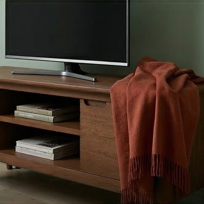 Fishe and Lilly Norway Dark Walnut TV stand with storage drawers and open shelving for media devices and accessories.