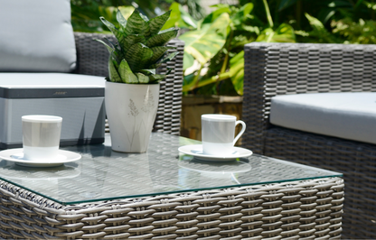 Marbella Grey 5-seater garden sofa set by MINT Outdoor with an ottoman and cover, featuring cushioned seats and a modern outdoor design.