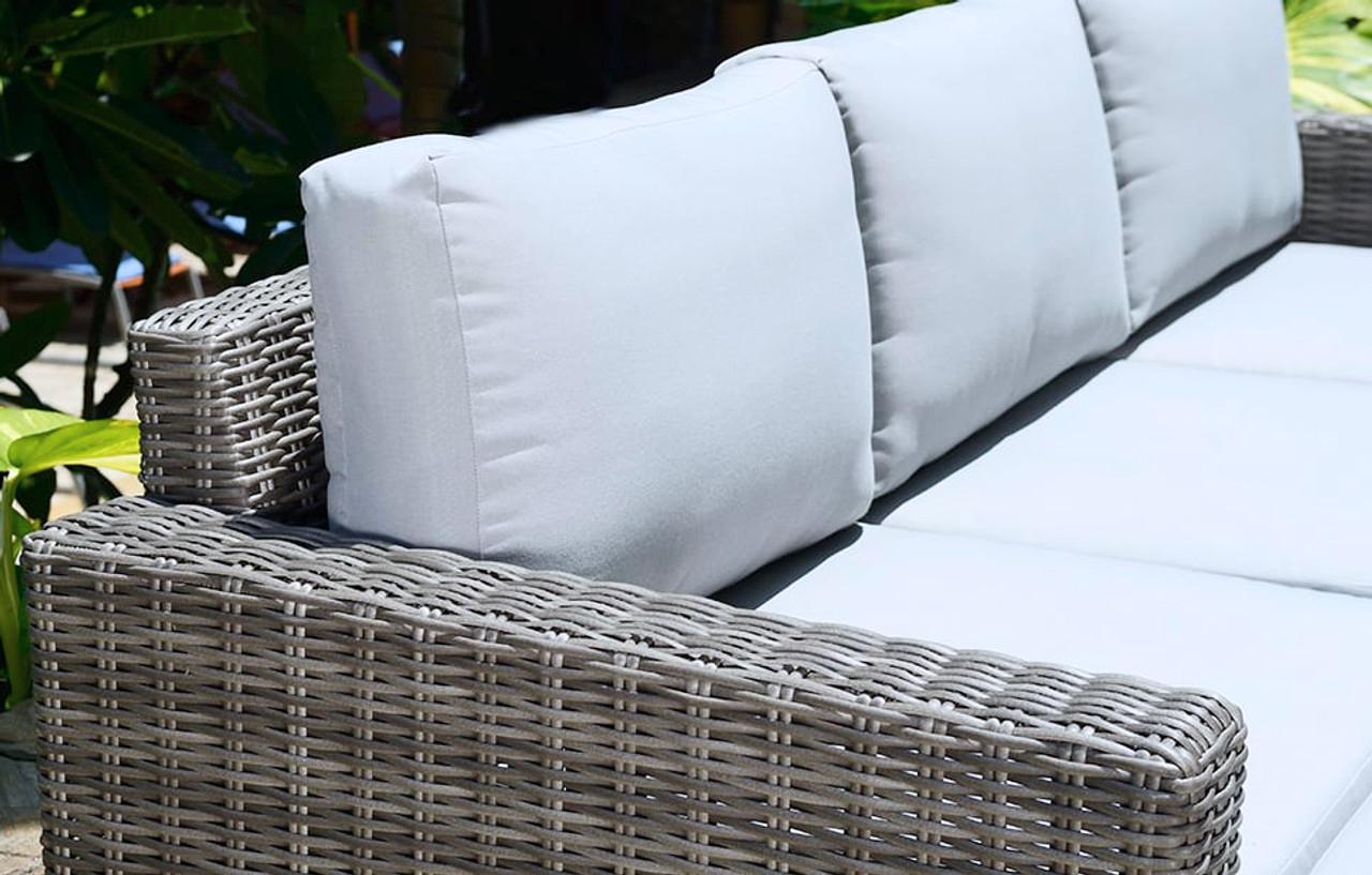 Marbella Grey 5-seater garden sofa set with matching ottoman and cover bundle by MINT Outdoor, featuring cushioned seating and modern design.