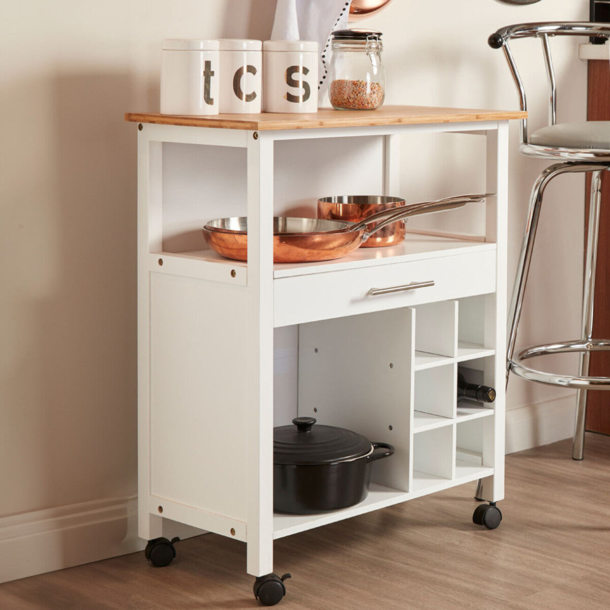 Harlow Bamboo Kitchen Trolley | Rolling Kitchen Island with Drawer & Shelves