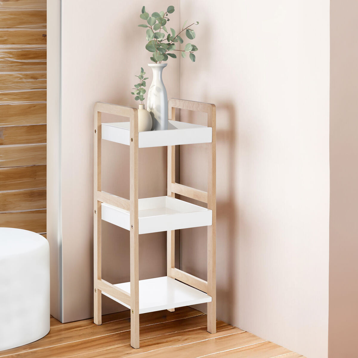 ARLA 3 Tier Bathroom Shelf Unit | Freestanding Bathroom Storage Shelf with Birchwood Frame