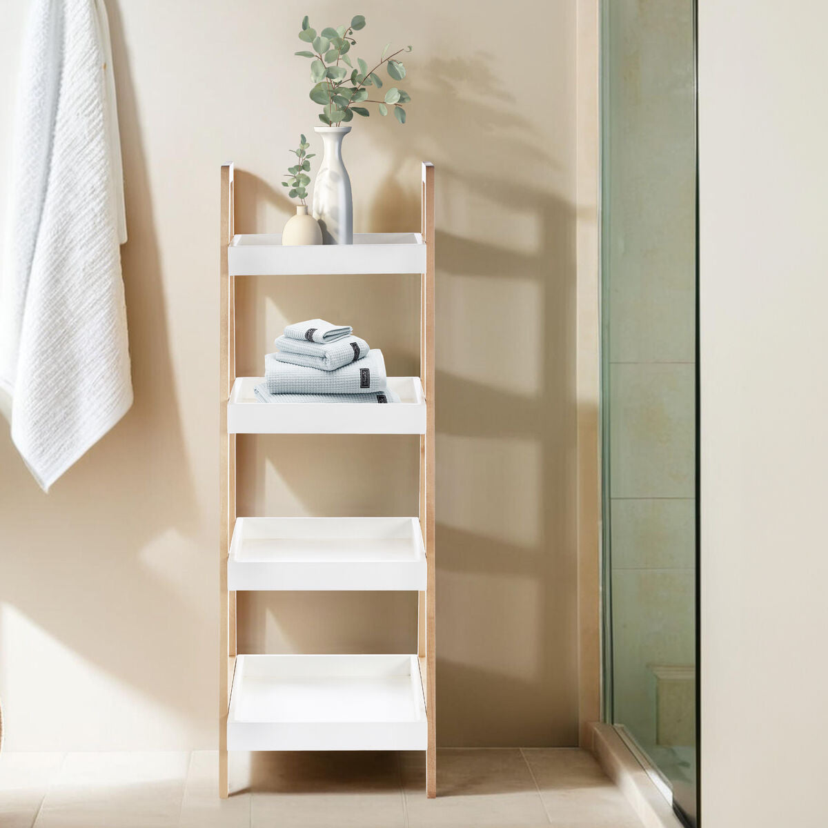 ARLA 4 Tier Birch Wood Bathroom Shelf Unit | Freestanding Bathroom Storage Shelf
