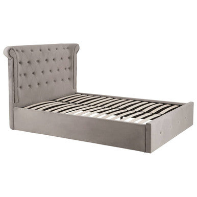 Orsina Edison grey velvet double bed ottoman with storage, featuring a plush velvet headboard and modern design elements.