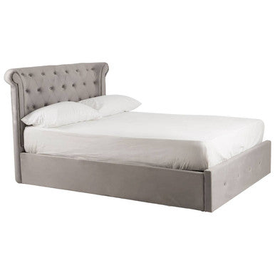 Orsina Edison grey velvet double bed with built-in ottoman storage, featuring plush upholstery and modern design.