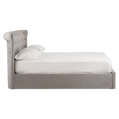 Orsina Edison grey velvet double bed ottoman with plush upholstery and sleek design, featuring a spacious storage compartment.