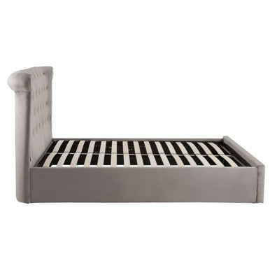 Orsina Edison grey velvet double bed ottoman with plush upholstery and storage space, shown with neatly made bedding.
