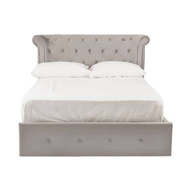 Orsina Edison grey velvet double bed ottoman with storage, showcasing plush fabric and modern design in a bedroom setting.