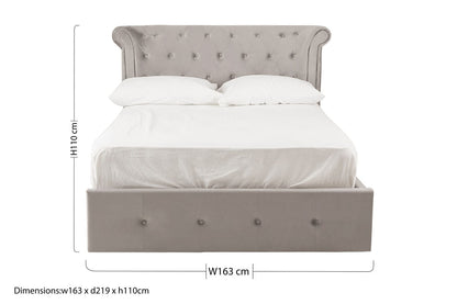 Orsina Edison grey velvet double bed ottoman with upholstered headboard and storage, shown from a front angle.