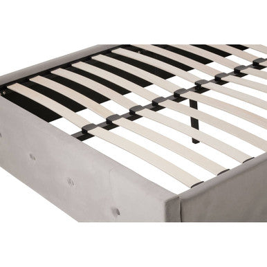 Orsina Edison Grey Velvet Ottoman Double Bed with plush upholstered headboard and storage base, modern and stylish bedroom furniture.