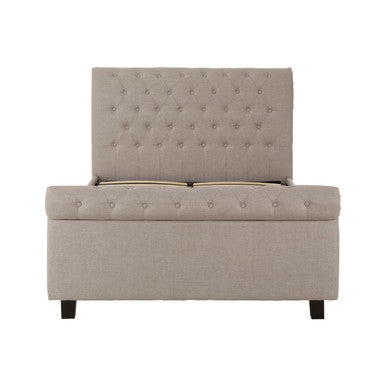 Orsina Orlando light grey king bed with built-in ottoman storage, featuring a padded headboard and sleek modern design.