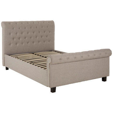 Orsina Orlando light grey king bed with built-in ottoman storage and upholstered headboard in a modern bedroom setting.