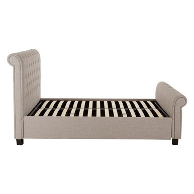 Orsina Orlando light grey king bed with built-in ottoman storage, showcasing plush fabric and elegant headboard design.
