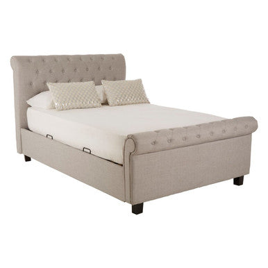 Orsina Orlando light grey king bed with built-in ottoman storage, featuring a padded headboard and elegant design.