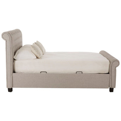 Orsina Orlando light grey king bed with ottoman storage, featuring a padded headboard and sleek frame in a modern bedroom setting.
