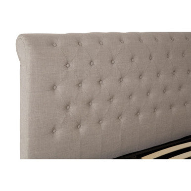 Orsina Orlando light grey king bed with built-in ottoman storage, showcasing plush upholstered headboard and elegant design.