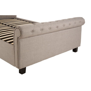 Orsina Orlando light grey king bed with ottoman storage, featuring a padded headboard and elegant design.