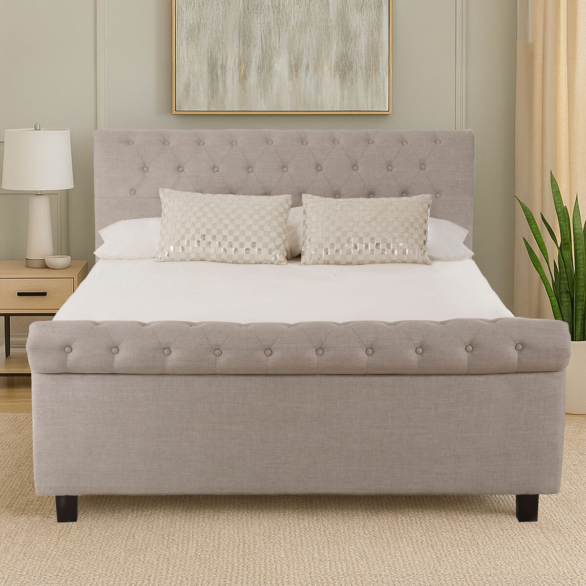 Orsina Orlando light grey king bed with an ottoman storage feature, showcasing a modern upholstered bed frame and headboard.