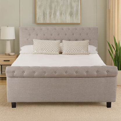 Orsina Orlando light grey king bed with an ottoman storage feature, showcasing a modern upholstered bed frame and headboard.