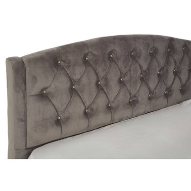 Orsina Josephine Steel Shade Double Bed with sleek frame and upholstered headboard, shown in a modern bedroom setting.