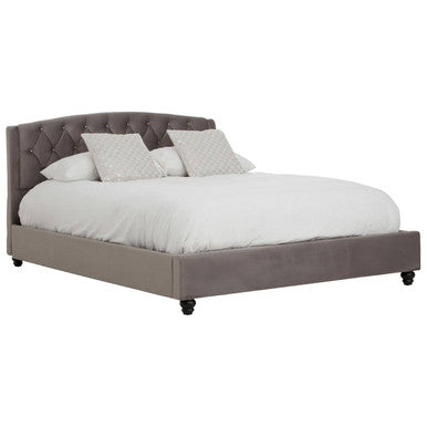 Josephine grey velvet king bed by Orsina with plush headboard and sleek frame, showcasing luxurious bedroom furniture.