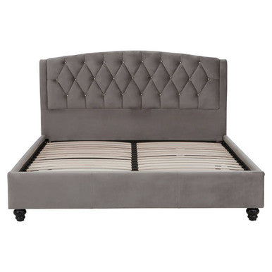 Orsina Josephine Grey Velvet King Bed with plush upholstery and elegant design, showcasing its luxurious headboard and frame.