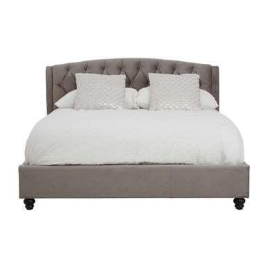 Josephine grey velvet king bed by Orsina with plush headboard and sleek frame, showcasing luxurious bedroom furniture design.