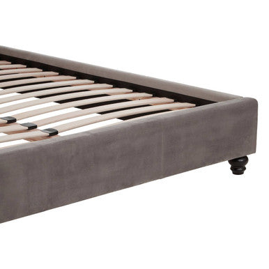 Josephine Grey Velvet King Bed by Orsina featuring a plush velvet headboard and elegant frame in a modern bedroom setting.